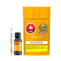 Amber dropper bottle and oral syringe labeled Glacial Gold Max Balanced 30:30 Drops, shown beside its orange stand-up pouch with a THC warning icon and cannabinoid content.