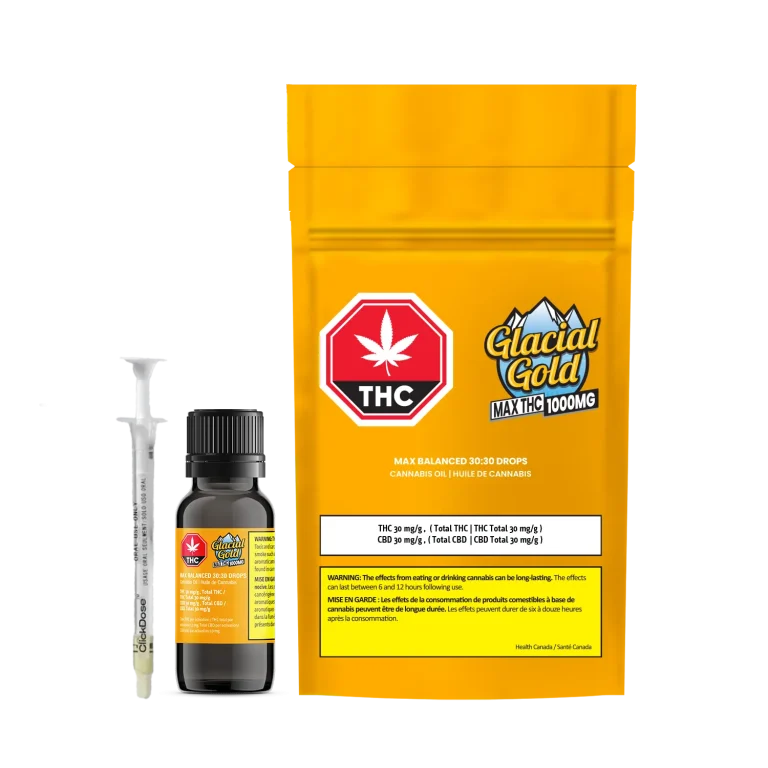 Amber dropper bottle and oral syringe labeled Glacial Gold Max Balanced 30:30 Drops, shown beside its orange stand-up pouch with a THC warning icon and cannabinoid content.