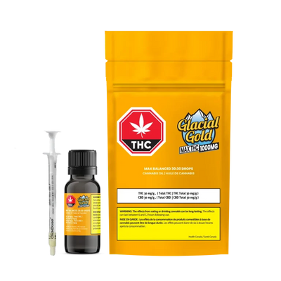 Amber dropper bottle and oral syringe labeled Glacial Gold Max Balanced 30:30 Drops, shown beside its orange stand-up pouch with a THC warning icon and cannabinoid content.