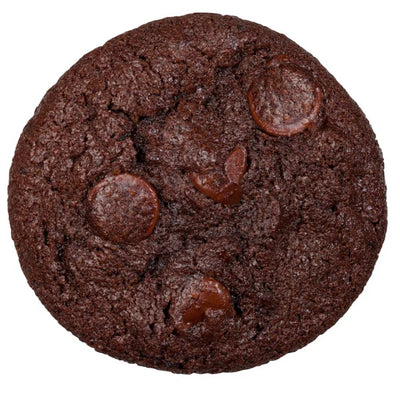 Single round double chocolate cookie studded with chocolate chips, viewed from above.