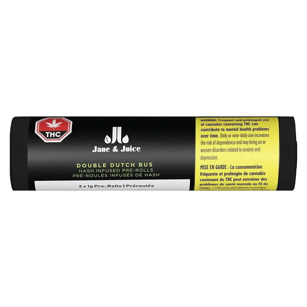Black cylindrical packaging tube for Double Dutch Bus Hash Infused Pre-Rolls, branded Jane & Juice, labeled 2 x 1g pre-rolls.
