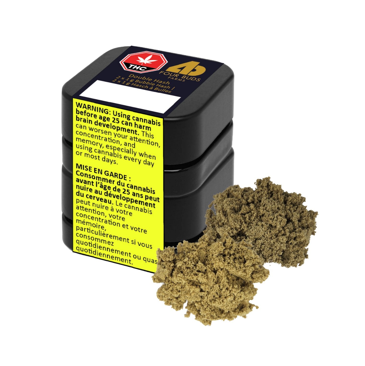 Three stacked black tins labeled Four Buds Farms Double Hash with a THC warning symbol, next to a loose pile of hash.