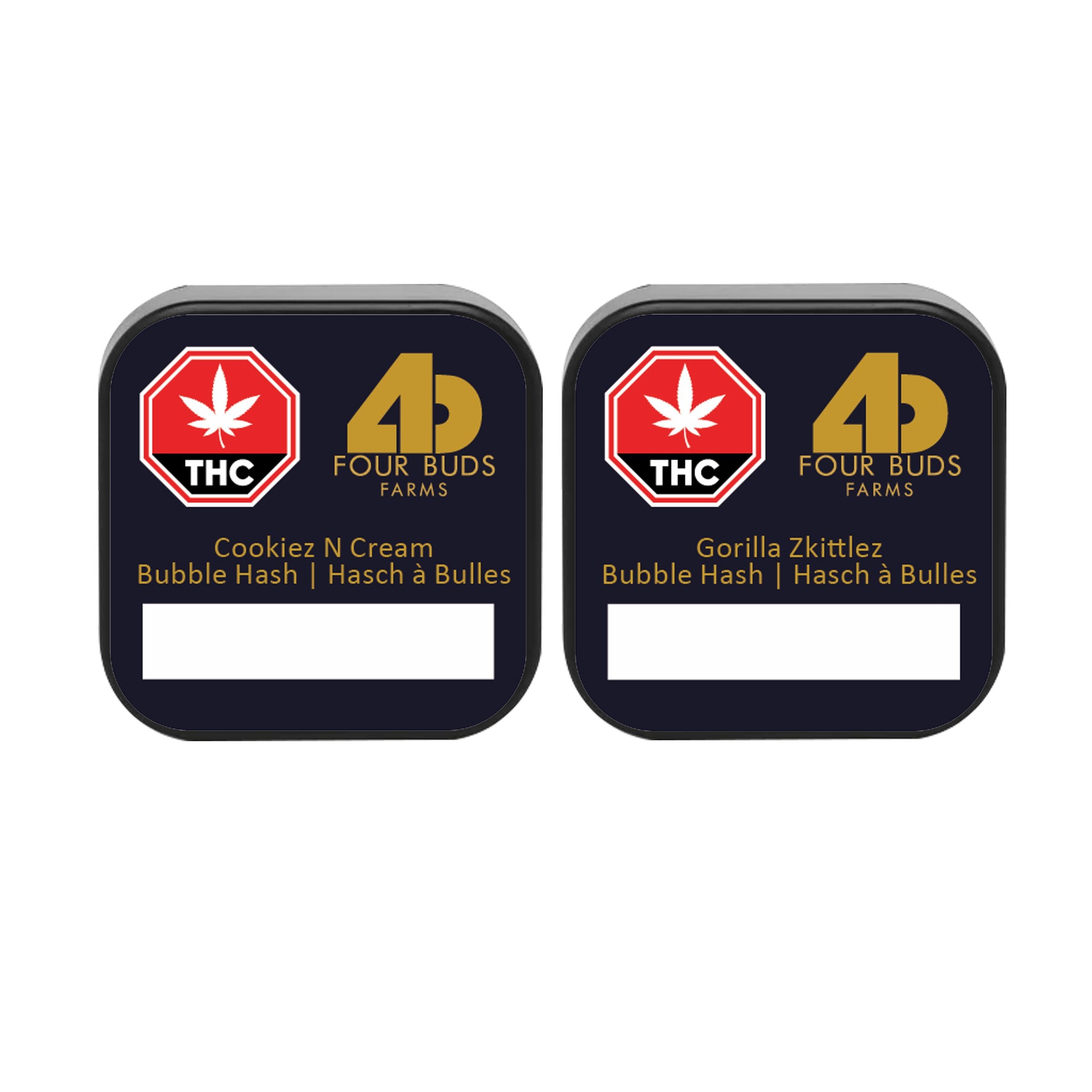 Two Four Buds Farms tin lids side by side, labeled Cookiez N Cream Bubble Hash and Gorilla Zkittlez Bubble Hash.