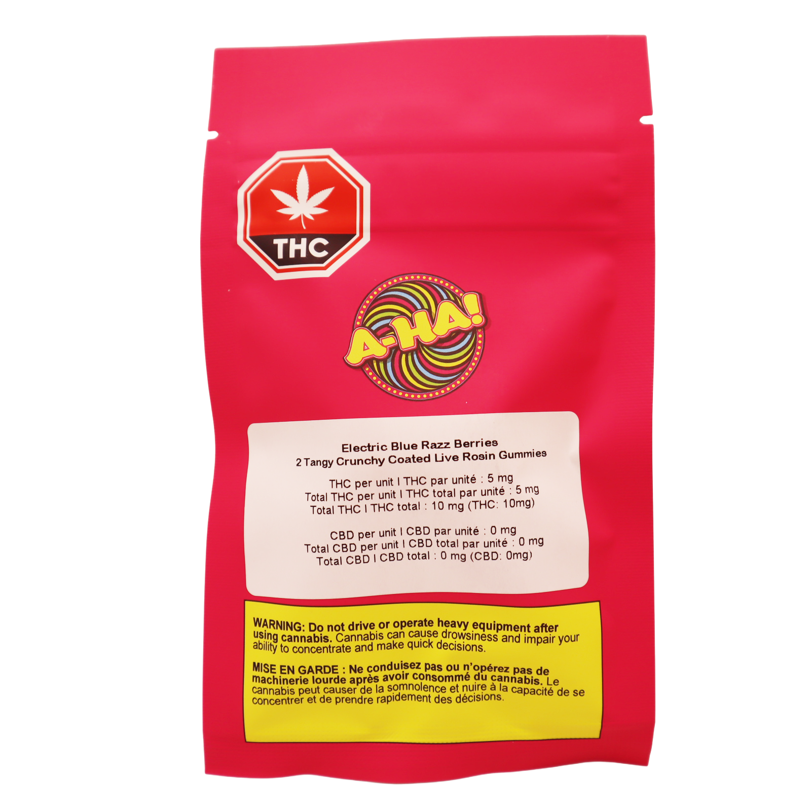 Pink A-Ha! branded pouch labeled Electric Blue Razz Berries, 2 tangy crunchy coated live rosin gummies, with THC symbol and dosage details.