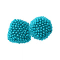 Two round, sugar-coated bright teal blue berry-shaped gummies.