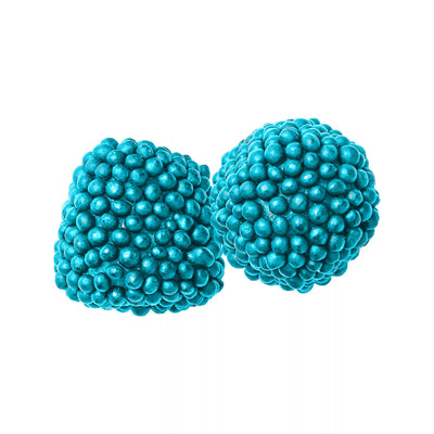 Two round, sugar-coated bright teal blue berry-shaped gummies.