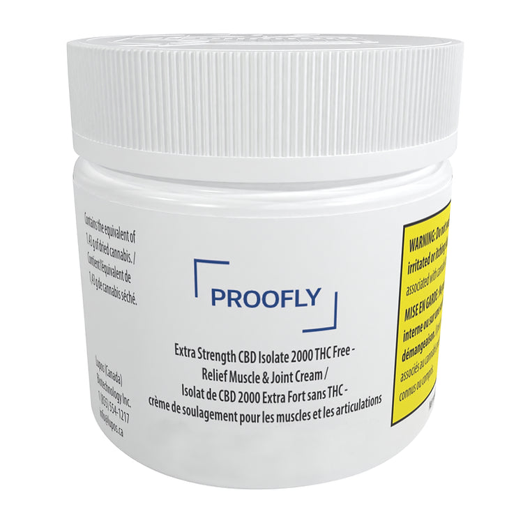 White jar labeled Proofly Extra Strength CBD Isolate 2000 MG Relief Muscle & Joint Cream, with warning text panel.