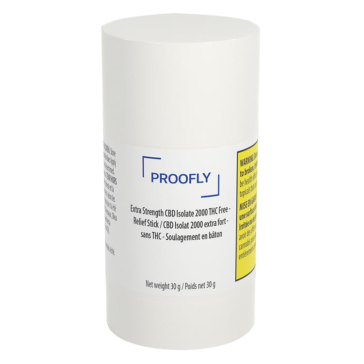 White cylindrical Proofly Extra Strength CBD Isolate relief stick container with product label.