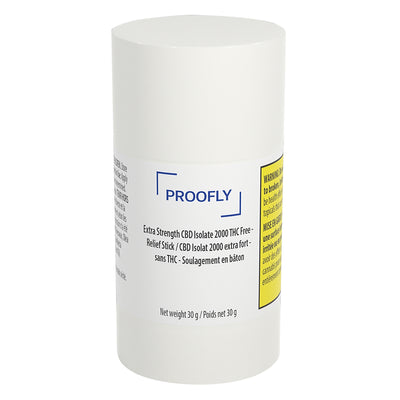 White cylindrical Proofly Extra Strength CBD Isolate relief stick container with product label.