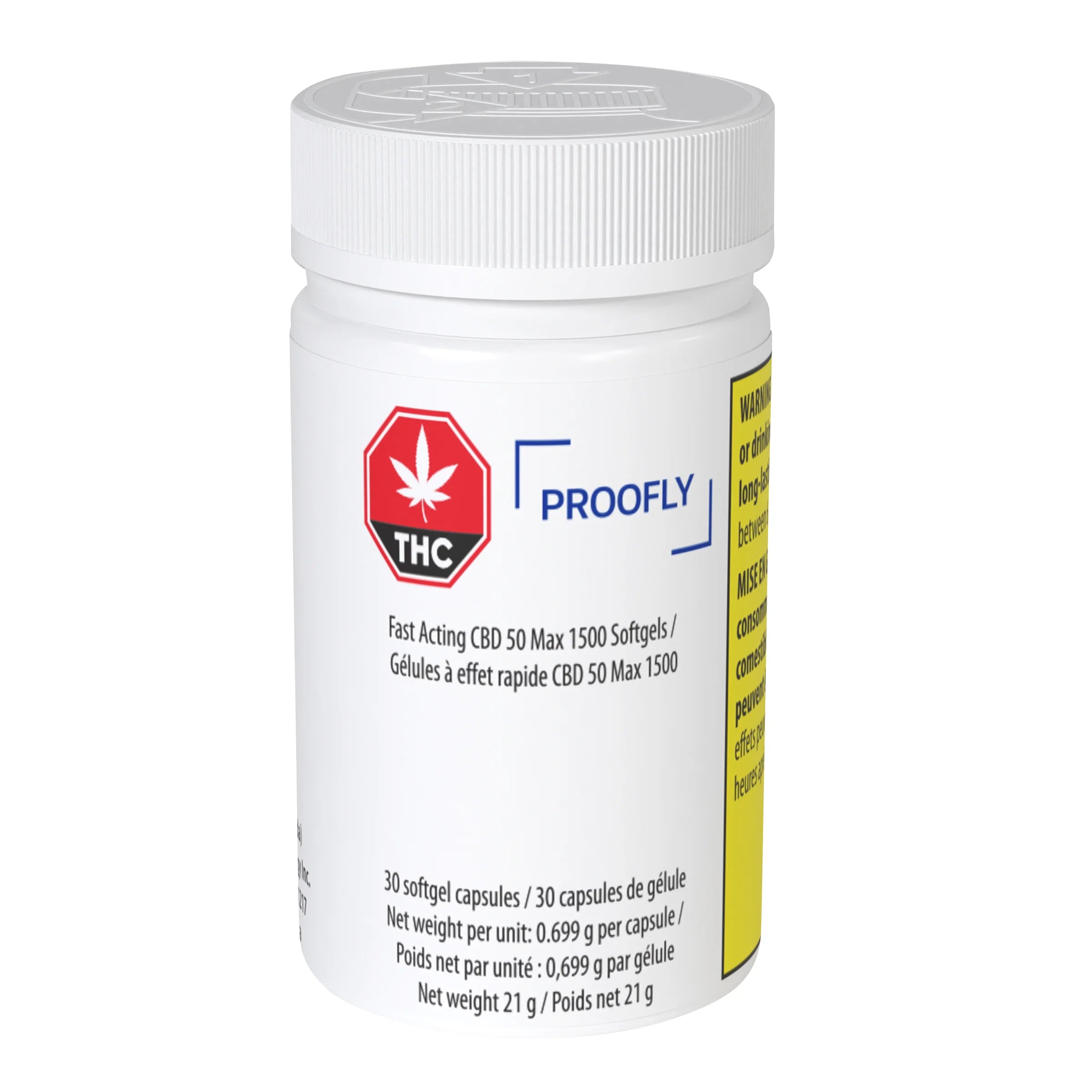 White plastic bottle labeled Proofly Fast Acting CBD 50 Max 1500 Softgels, listing 30 softgel capsules and net weight details.