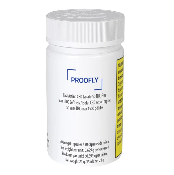 White jar labeled Proofly Fast Acting CBD Isolate 50 THC-Free Max 1500 Softgels, 30 softgel capsules, an alternate label version of the same product.
