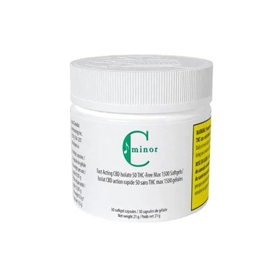 White jar labeled C Minor Fast Acting CBD Isolate 50 THC-Free Max 1500 Softgels, 30 softgel capsules, with a partial yellow warning label visible on the side.