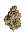 Close-up of a dense, trichome-covered cannabis flower bud with orange pistils against a black background.