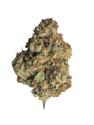 Close-up of a dense, trichome-covered cannabis flower bud with orange pistils against a black background.