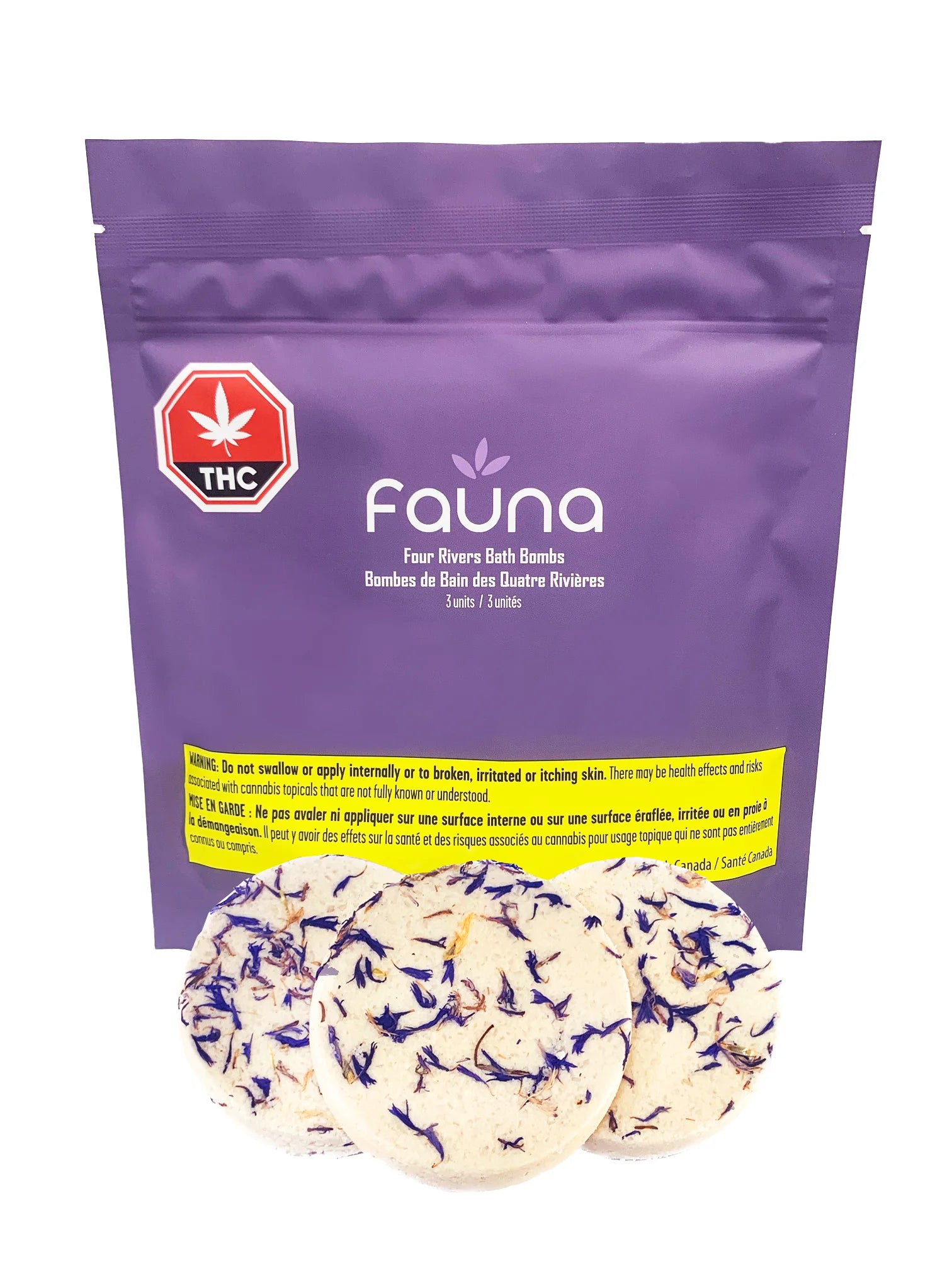 Purple Fauna Four Rivers Bath Bombs pouch with three round cream-coloured bath bombs speckled with dried purple flower petals in front.