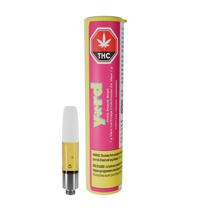 Y*rd Fruit Punch Bowl vape cartridge with a white tip and amber oil, beside its pink and yellow cylindrical packaging tube.