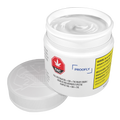 Open white jar of Proofly Full Spectrum CBG+CBD+THC Relief Cream with the lid removed, showing the cream texture inside and THC symbol on the label.