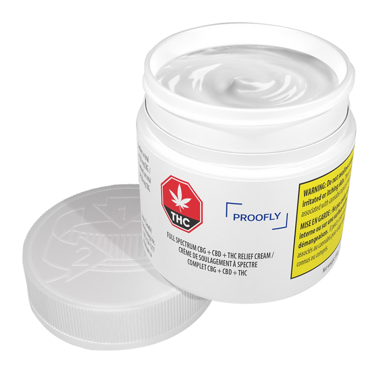 Open white jar of Proofly Full Spectrum CBG+CBD+THC Relief Cream with the lid removed, showing the cream texture inside and THC symbol on the label.