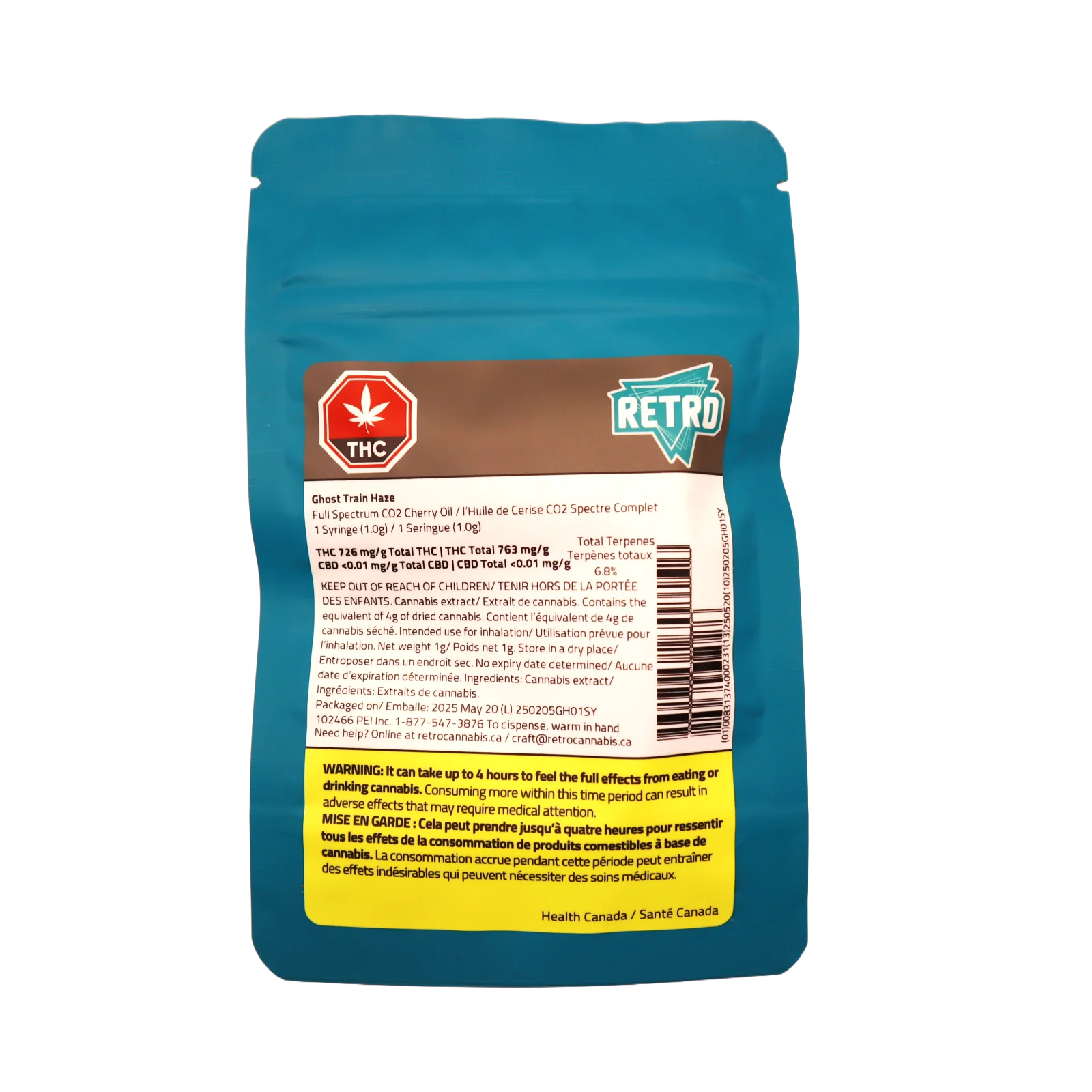 Back of teal Retro packaging for Ghost Train Haze Full Spectrum CO2 Cherry Oil, showing THC content and ingredient details.