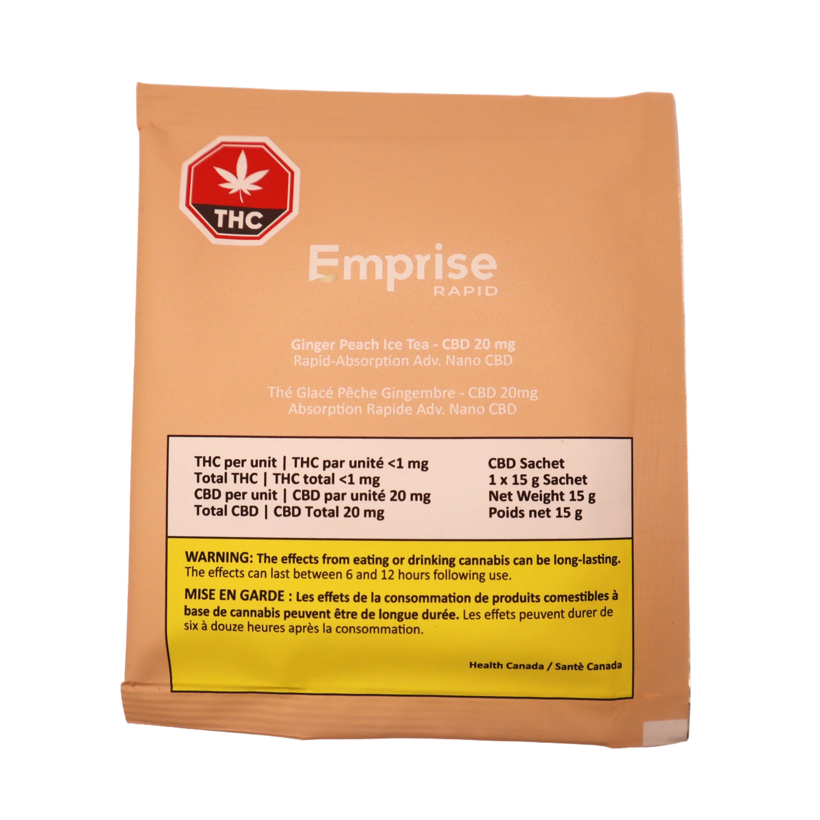 Angled view of the Ginger Peach Ice Tea CBD 20 mg sachet, showing THC/CBD content, net weight, and cannabis warning text on the label.