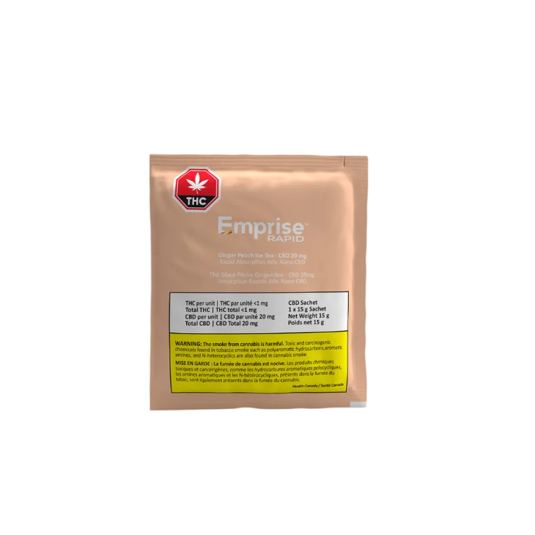Front of the tan sachet packet for Ginger Peach Ice Tea CBD 20 mg, showing the Emprise Rapid brand name and THC symbol.