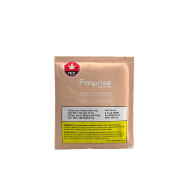 Front of the tan sachet packet for Ginger Peach Ice Tea CBD 20 mg, showing the Emprise Rapid brand name and THC symbol.