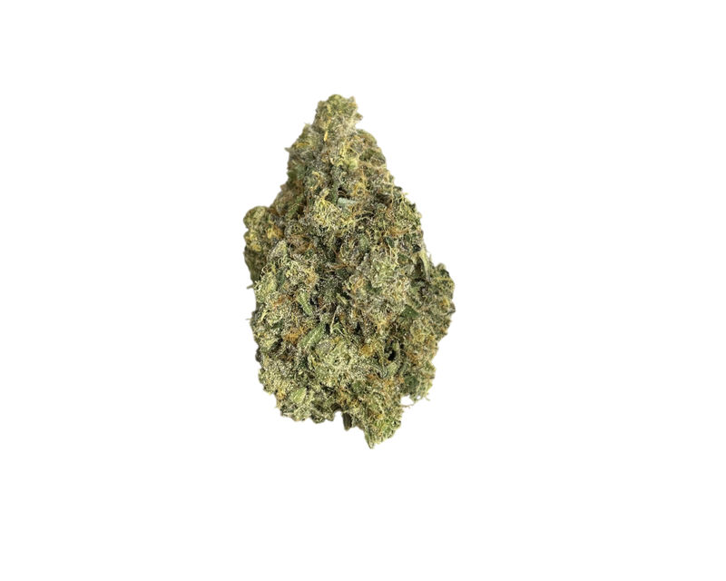Light green cannabis flower bud with a heavy trichome coating against a black background.