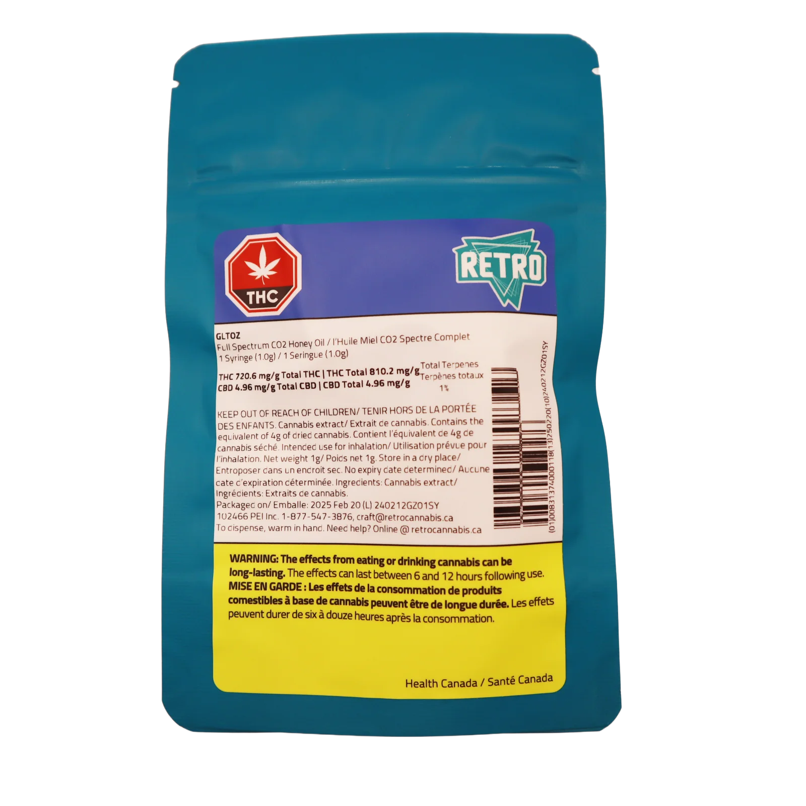 Back of the teal GLTOZ full-spectrum CO2 honey oil pouch showing the Retro brand logo, THC symbol, and ingredient panel.