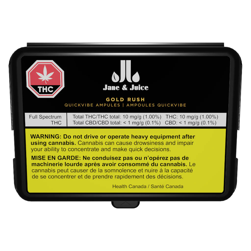 Black Jane & Juice case labeled Gold Rush Quickvibe Ampules, showing THC content and Health Canada warning text.