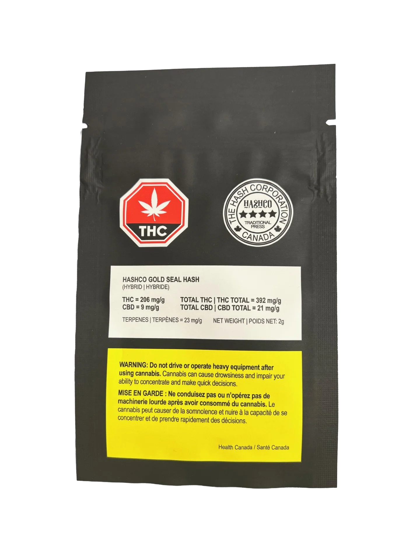 Black packaging for HASHCO Gold Seal Hash showing the THC symbol, Hash Corporation seal, potency label, and cannabis warning panel.