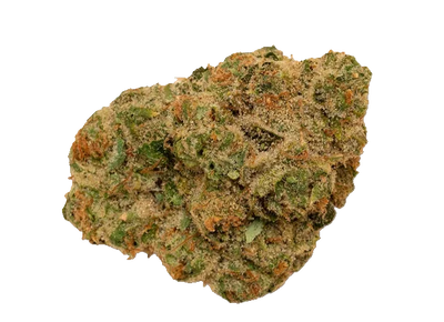 Close-up of a light green and orange cannabis flower bud coated in visible trichomes.