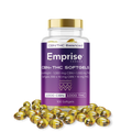 Purple-labeled Emprise Canada GoodNight CBN+THC softgel bottle surrounded by loose amber softgel capsules.