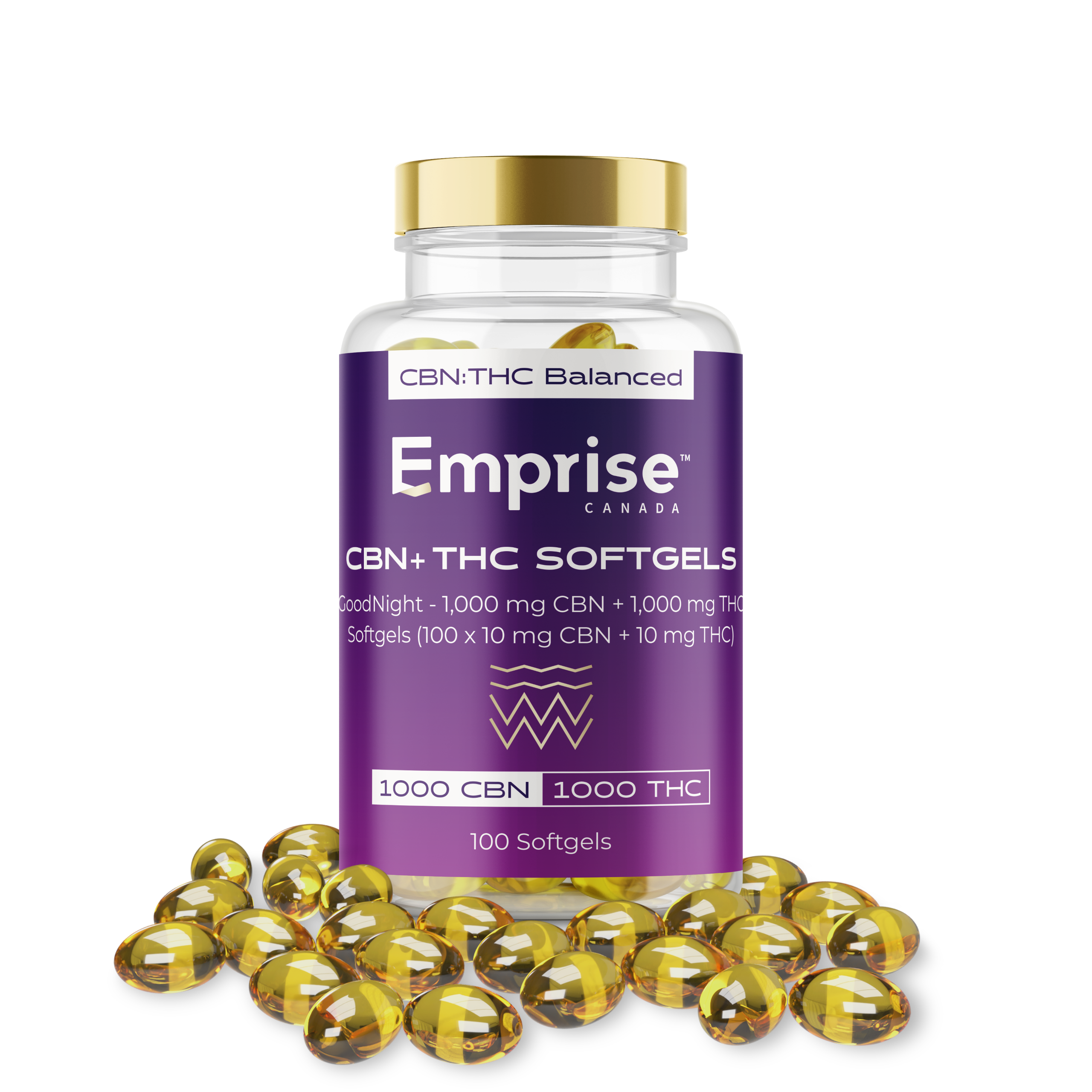 Purple-labeled Emprise Canada GoodNight CBN+THC softgel bottle surrounded by loose amber softgel capsules.