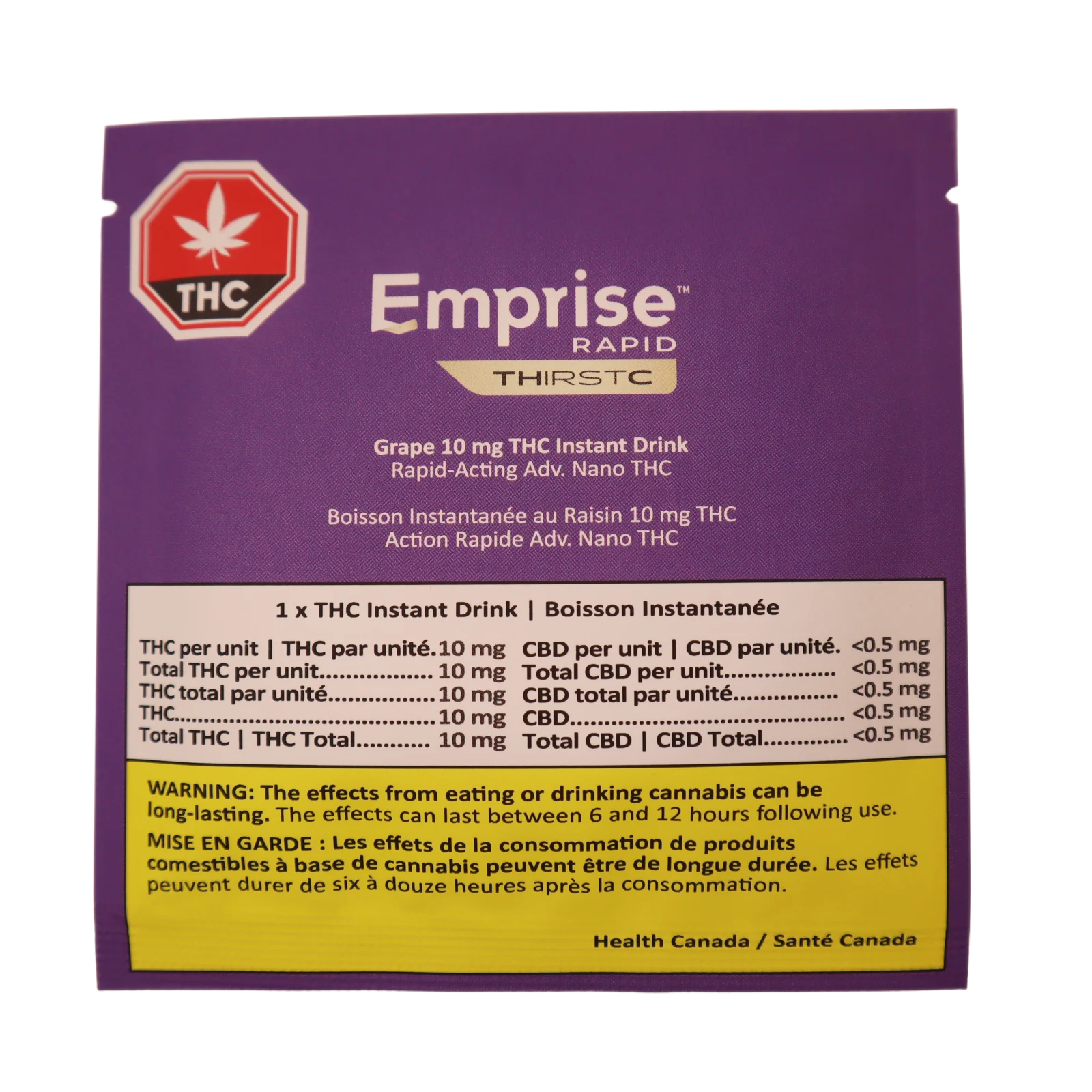 Back panel of the Grape THC Instant Drink pouch, listing THC and CBD content per unit and a Health Canada cannabis warning.