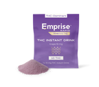 Purple Emprise Rapid THIRSTC pouch for Grape 10 mg THC Instant Drink, with a pile of pink powdered drink mix shown in front.