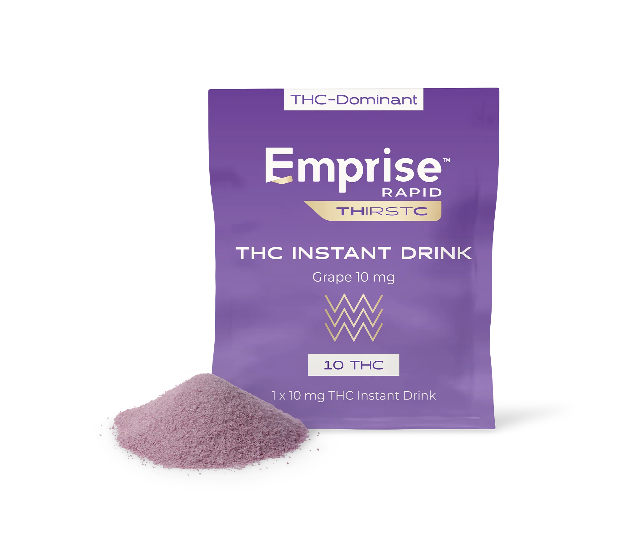 Purple Emprise Rapid THIRSTC pouch for Grape 10 mg THC Instant Drink, with a pile of pink powdered drink mix shown in front.