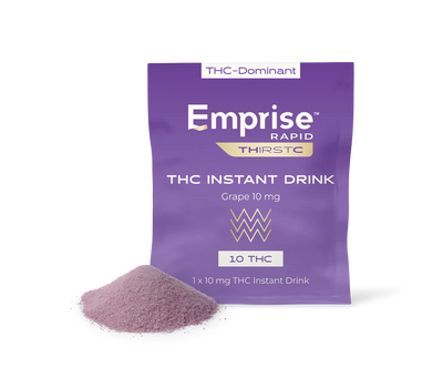 Purple Emprise Rapid THIRSTC pouch for Grape 10 mg THC Instant Drink, with a pile of pink powdered drink mix shown in front.