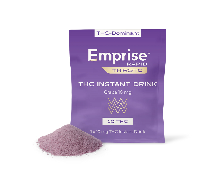 Purple Emprise Rapid THIRSTC pouch for Grape 10 mg THC Instant Drink, with a pile of pink powdered drink mix shown in front.