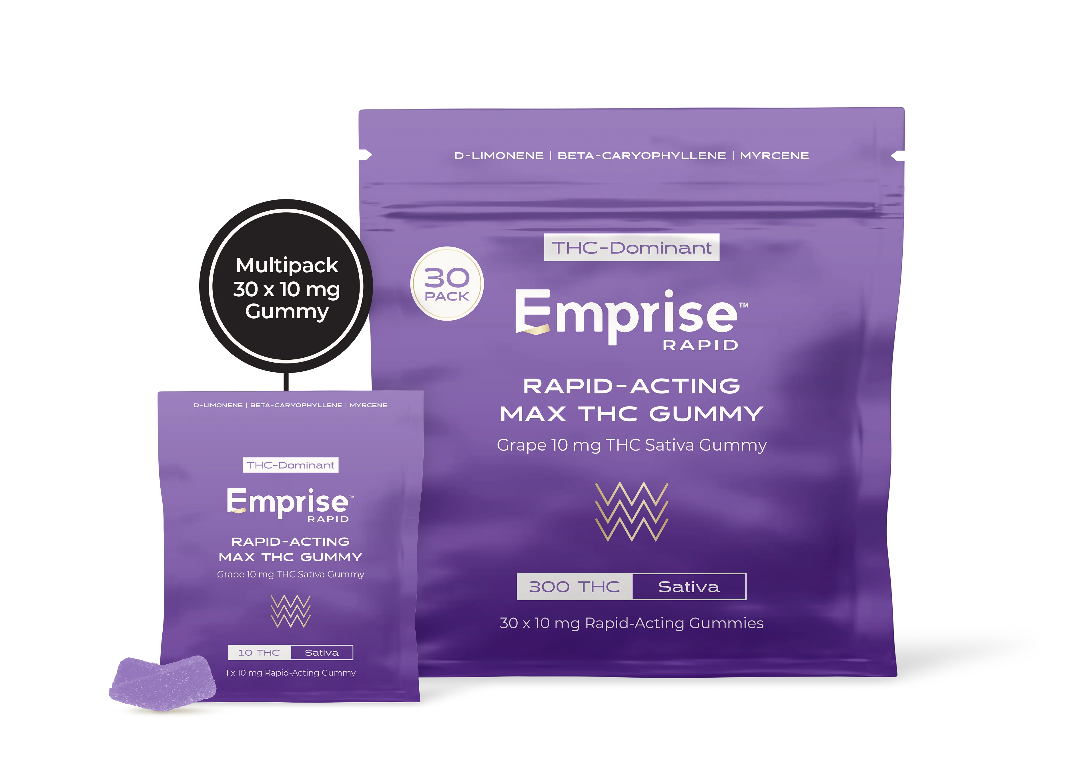 Purple Emprise Rapid packaging for Grape 10mg THC Sativa gummies, shown as a 30-pack pouch and a single-serve packet with one purple gummy.