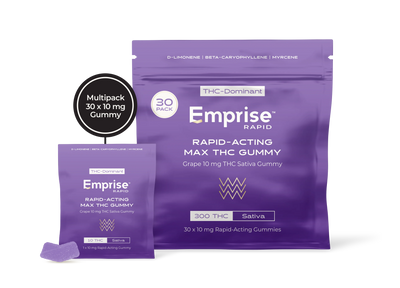 Purple Emprise Rapid packaging for Grape 10mg THC Sativa gummies, shown as a 30-pack pouch and a single-serve packet with one purple gummy.