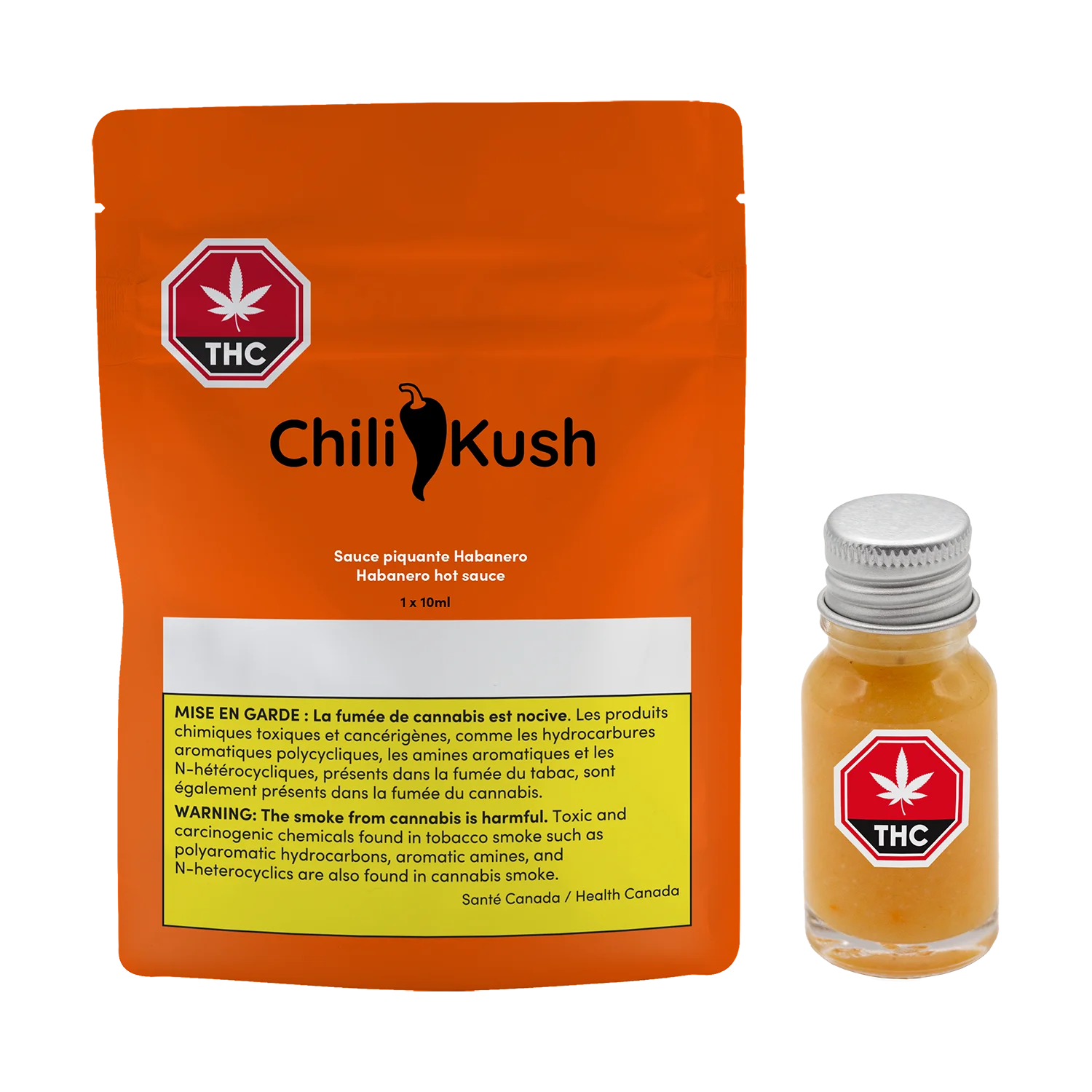 Orange Chili Kush packaging pouch for habanero hot sauce beside a small glass bottle of the orange sauce with a metal cap.
