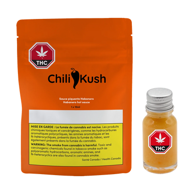 Orange Chili Kush packaging pouch for habanero hot sauce beside a small glass bottle of the orange sauce with a metal cap.