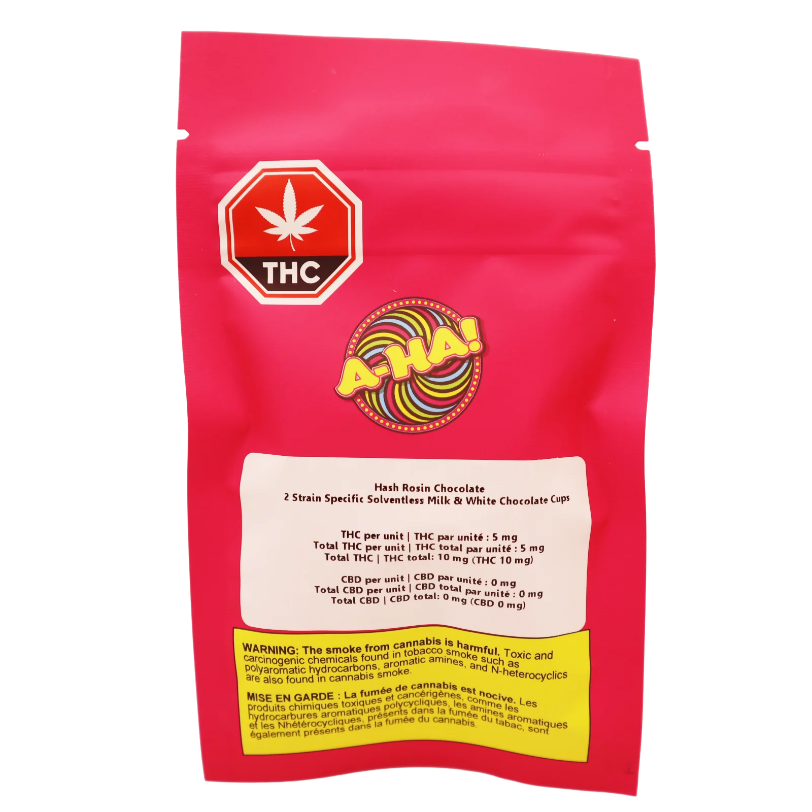Pink A-Ha! Hash Rosin Chocolate pouch listing two strain-specific milk and white chocolate cups, with THC symbol and dosage info