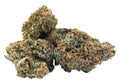 A cluster of dense cannabis buds with light green coloring and orange pistils, on a white background.