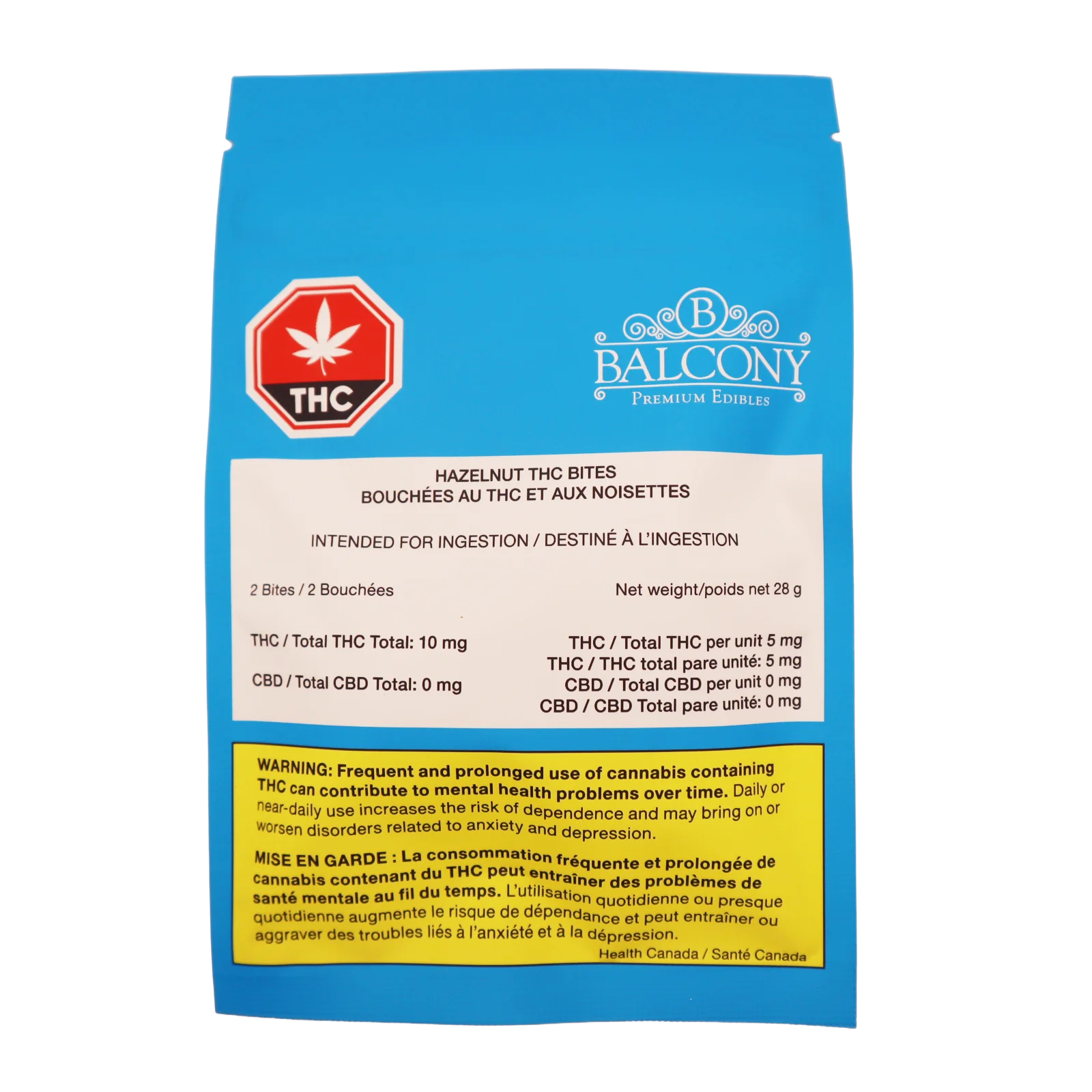 Blue Balcony Premium Edibles pouch labeled Hazelnut THC Bites with THC symbol and content label