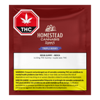 Dark red Homestead Cannabis Supply pouch labeled Triple Berry resin gummy with THC symbol