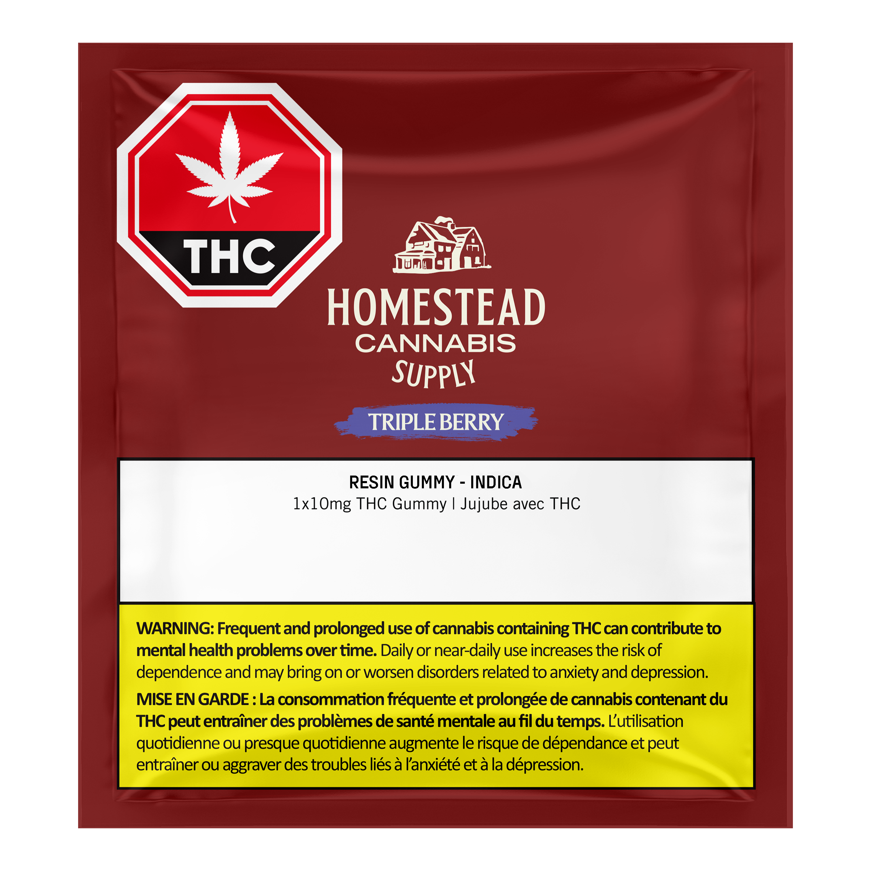 Dark red Homestead Cannabis Supply pouch labeled Triple Berry resin gummy with THC symbol