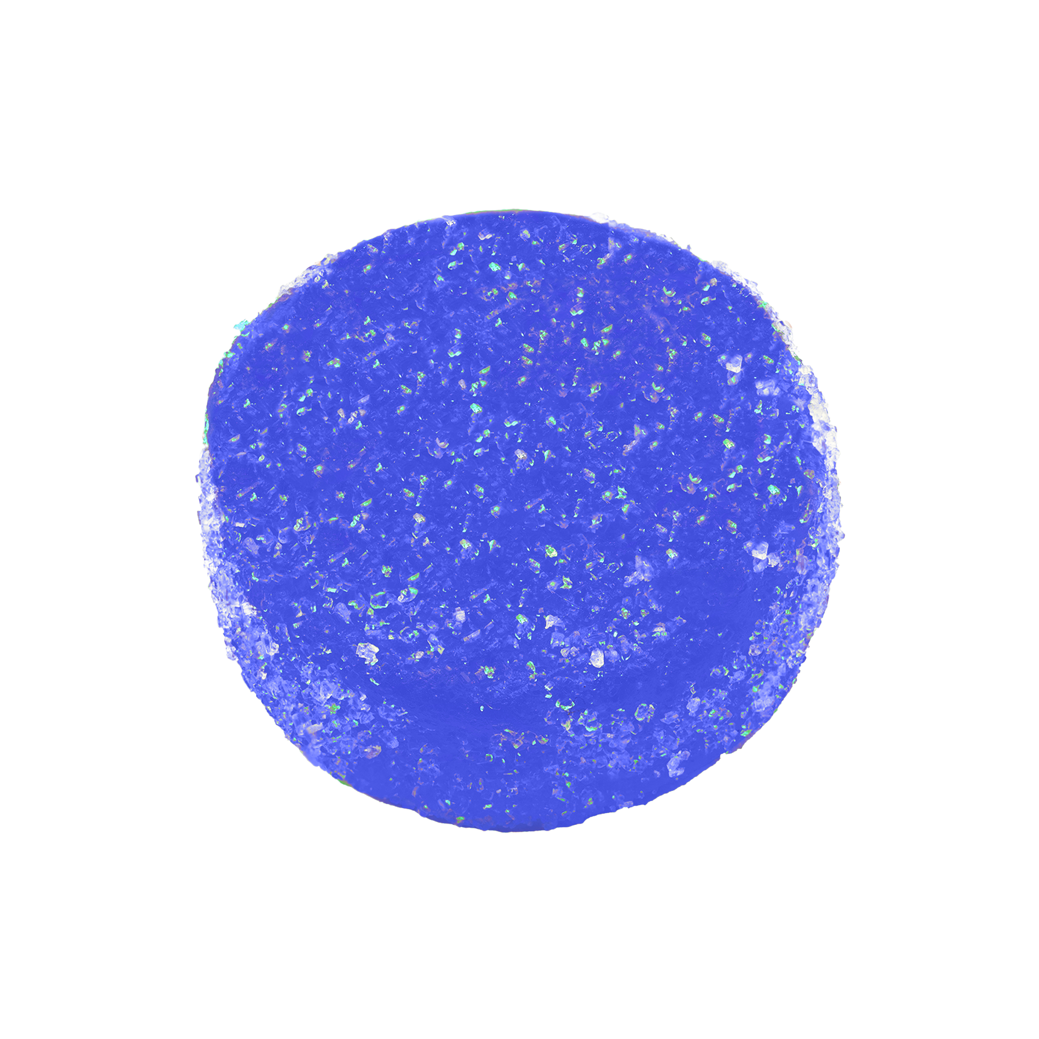 Single round blue sugar-crystal-coated gummy on a transparent background