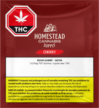 Dark red Homestead Cannabis Supply packaging pouch for Cherry resin gummy, labeled Resin Gummy - Sativa, 1x10mg THC.