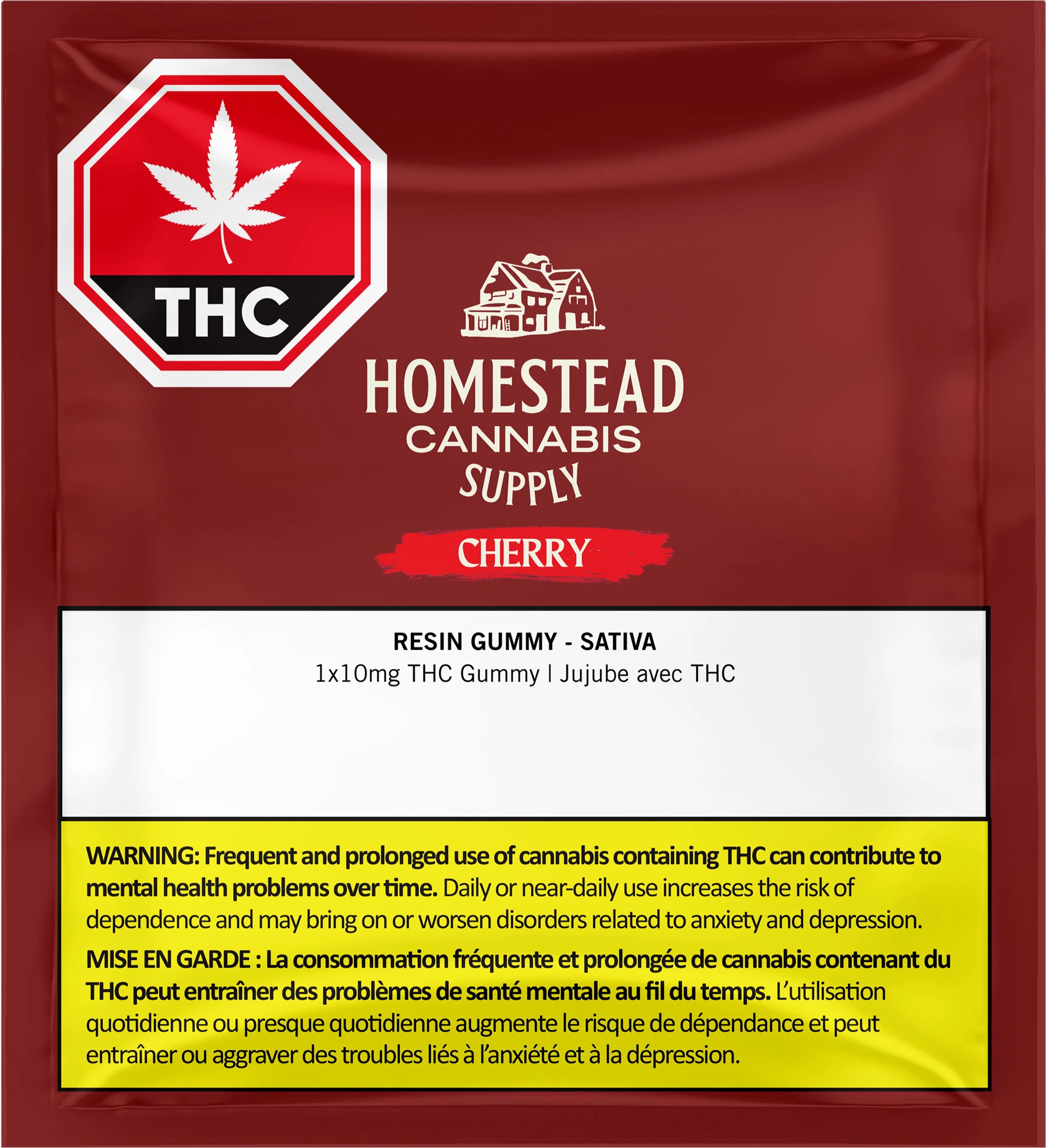 Dark red Homestead Cannabis Supply packaging pouch for Cherry resin gummy, labeled Resin Gummy - Sativa, 1x10mg THC.